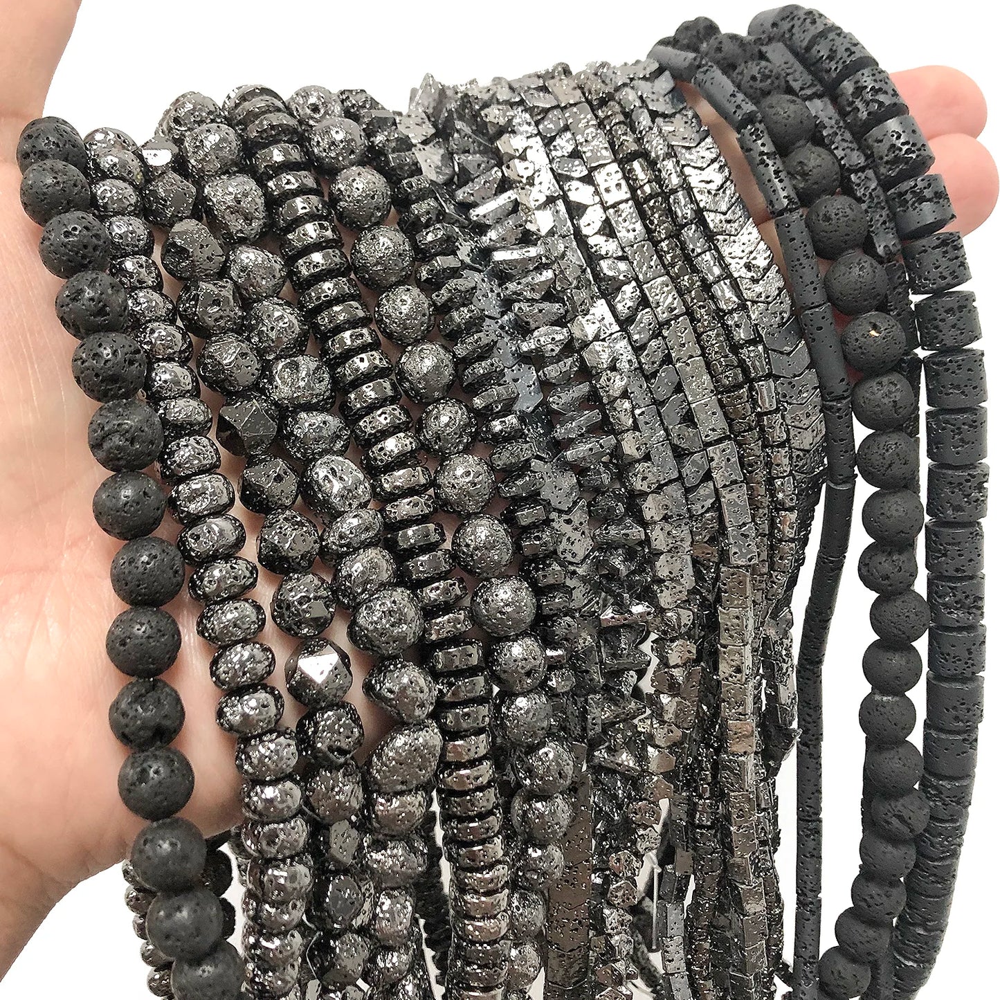 Schwarze vulkanische Lavagesteinperlen, Mineralperlen, Charms, Rohrwürfel, runde geometrische Formperlen für Schmuckherstellung, DIY-Armband