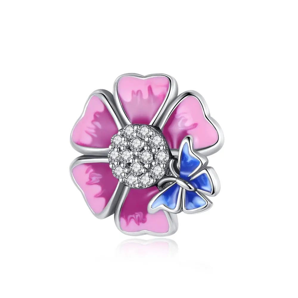 Bunter Schmetterlingsanhänger aus 925er-Sterlingsilber mit Blumen, Perlen, Käfer und Marienkäfer, passend für Armbänder, exquisite Anhänger-Geschenke