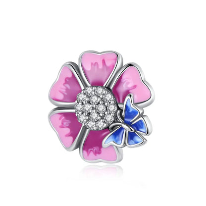 Bunter Schmetterlingsanhänger aus 925er-Sterlingsilber mit Blumen, Perlen, Käfer und Marienkäfer, passend für Armbänder, exquisite Anhänger-Geschenke