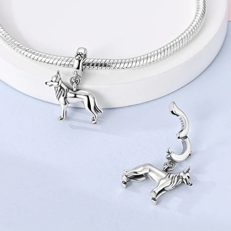 925 Sterling Silber 3D Deutscher Schäferhund Charm Passend für Armband 2026 Jahr des Pferdes Mode Tierschmuck für Frauen Mädchen