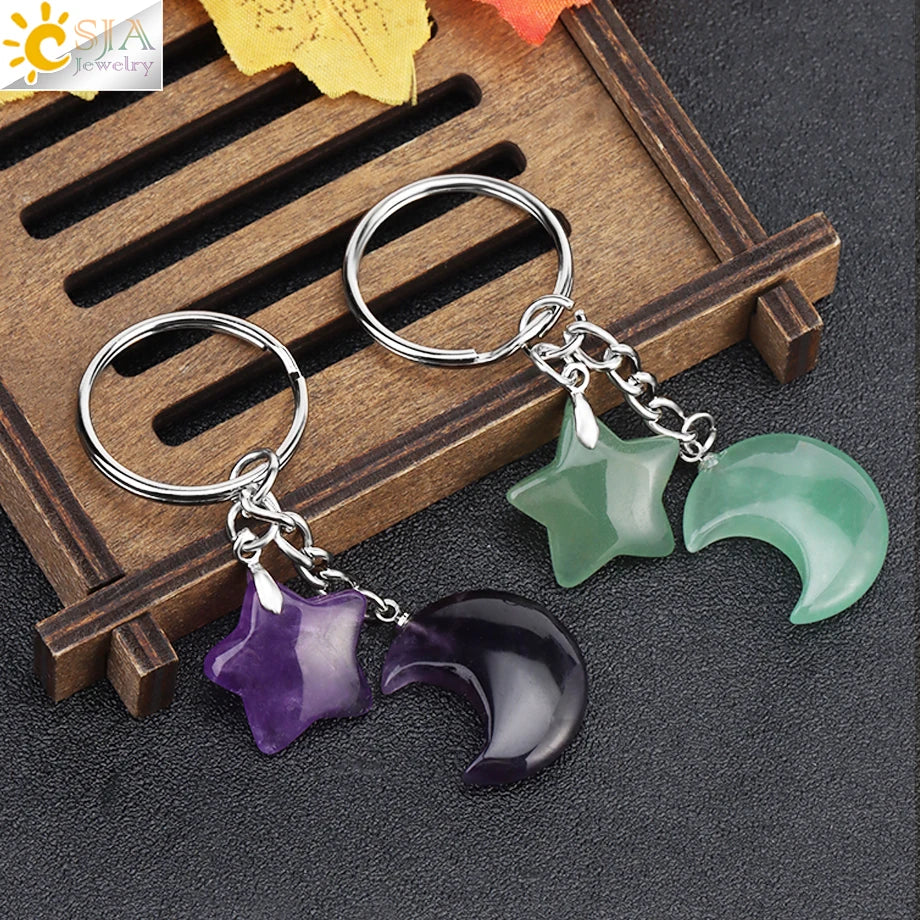 CSJA Healing Naturstein Schlüsselbund Trendy Mond Sterne Charm Bead Anhänger Silber Farbe Halter Schlüssel Ring Auto Schlüssel Ring Tasche Dekor H368