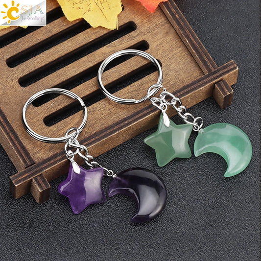 CSJA Healing Naturstein Schlüsselbund Trendy Mond Sterne Charm Bead Anhänger Silber Farbe Halter Schlüssel Ring Auto Schlüssel Ring Tasche Dekor H368