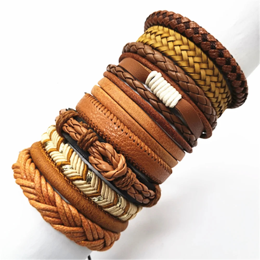 10 Pcs/Set Black Wrap Woven New Fashion Handmade Men Bracelets Male Women Leather Bracelets Men Bangle Wholesale Jewelry Gift