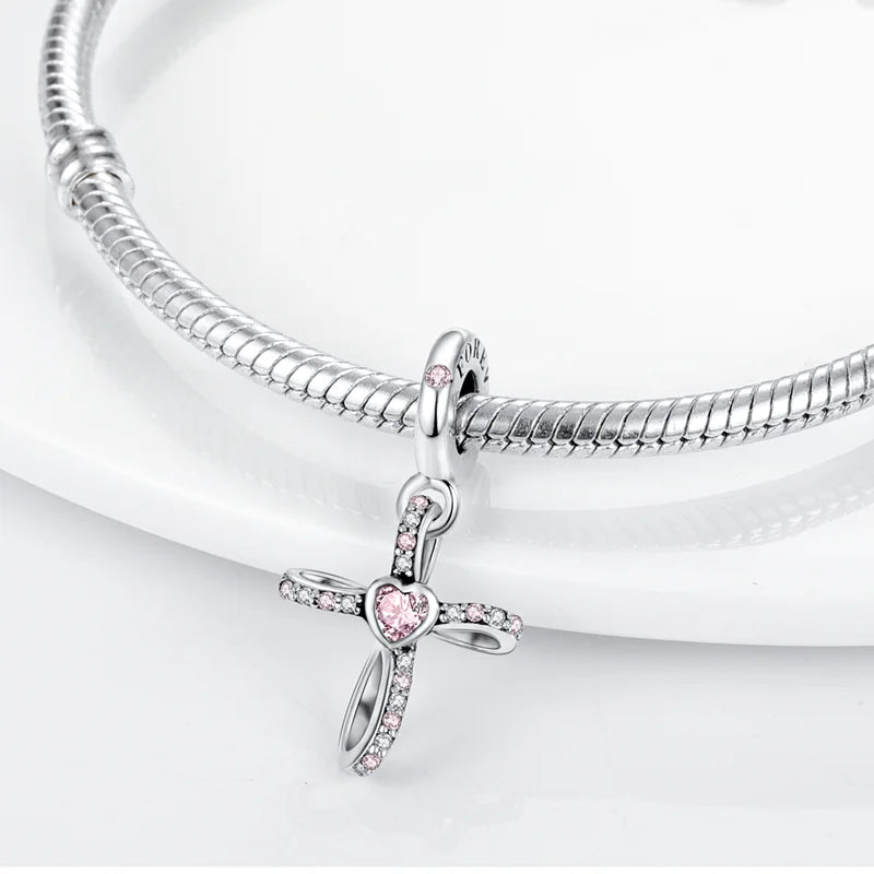 Original 925er Sterlingsilber, rosa Serie, Charms, Perlen, Schleife, Parfümflasche, herzförmiger Kreuz-Anhänger, passend für Armband, DIY-Schmuck