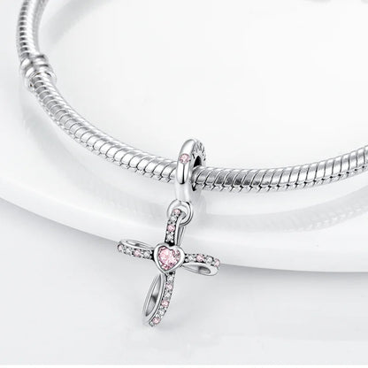Original 925er Sterlingsilber, rosa Serie, Charms, Perlen, Schleife, Parfümflasche, herzförmiger Kreuz-Anhänger, passend für Armband, DIY-Schmuck
