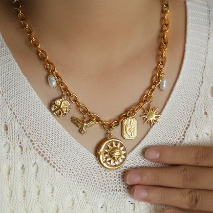 EILIECK 316L Edelstahl Sonne Herz Blume Anhänger Halskette 18K vergoldet Zubehör Charme handgemachten Schmuck für Frauen Mädchen