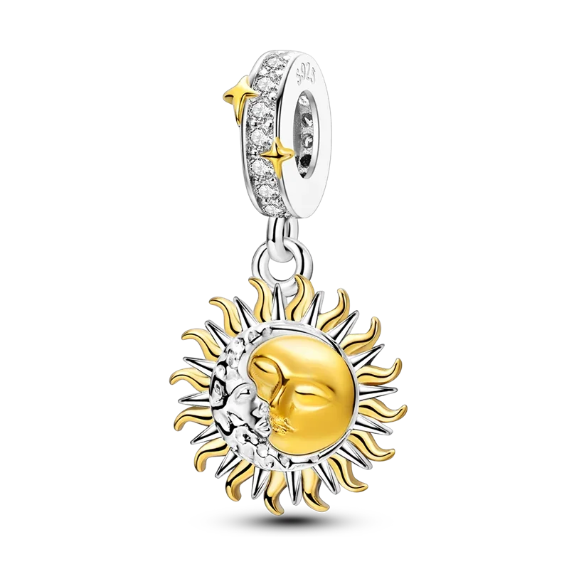 Gold-Serie, DIY-Charms, Original-Charms aus 925er-Sterlingsilber mit eingelegtem Zirkonium, Sonnen- und Leoparden-Anhänger, passend für Armbänder, Schmuck, Geschenkmarkierung