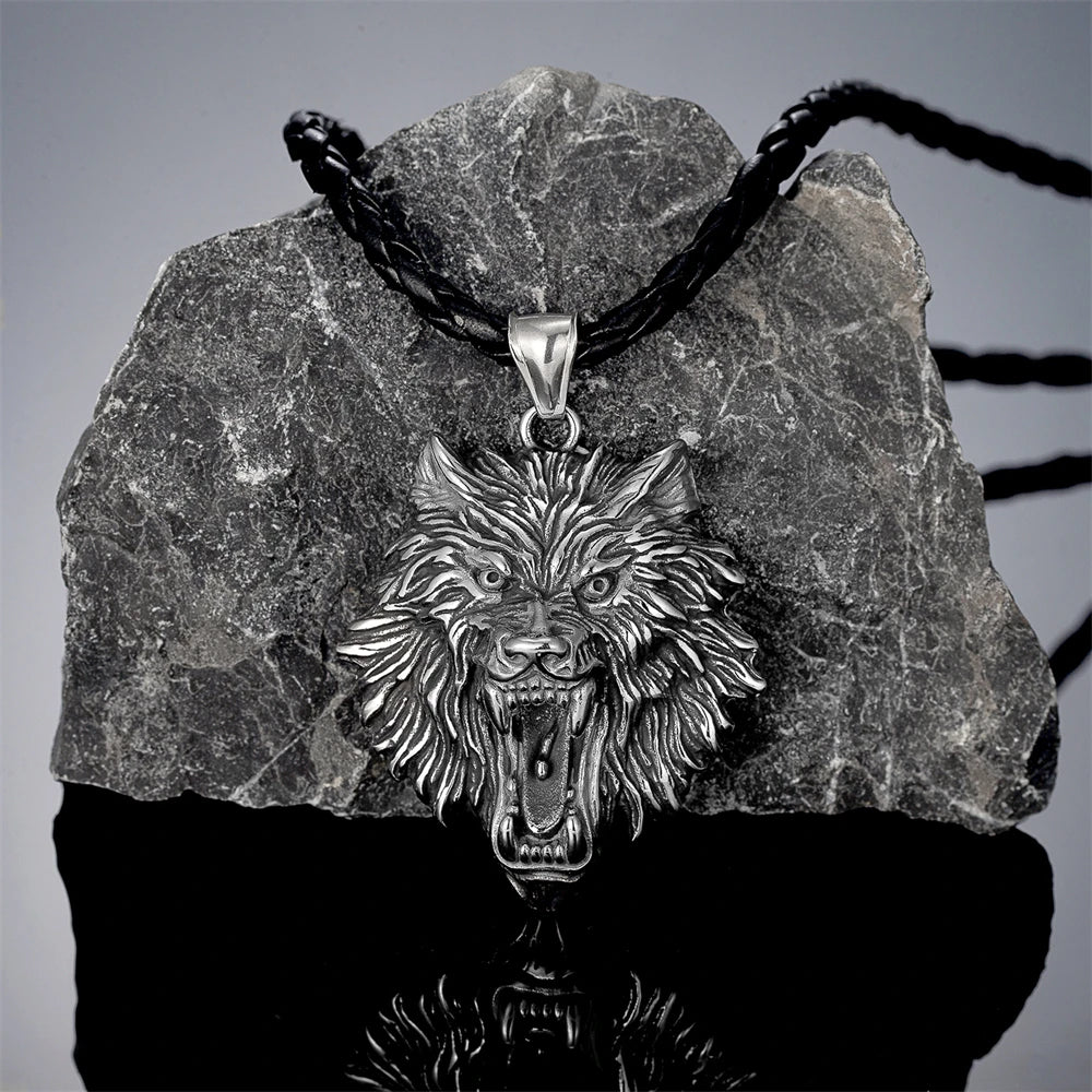 Punk Vikings Wolf Head Necklaces Stainless Steel Vintage Nordic Odin's Wolf Pendant Amulet Men Charm Genuine Leather Rope Jewelry