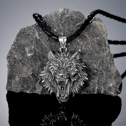 Punk Vikings Wolf Head Necklaces Stainless Steel Vintage Nordic Odin's Wolf Pendant Amulet Men Charm Genuine Leather Rope Jewelry