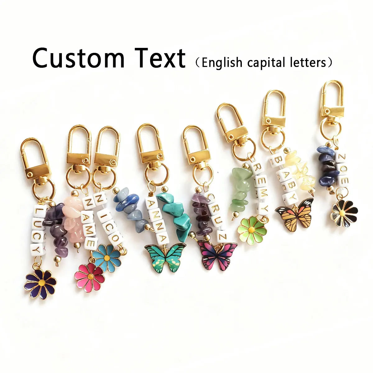 1 STÜCK personalisierter Schlüsselanhänger aus Metall mit Gänseblümchen-Blume/Schmetterling, Kristallstein/Lapislazuli-Rohstein-Anhänger, Weihnachtsgeschenk