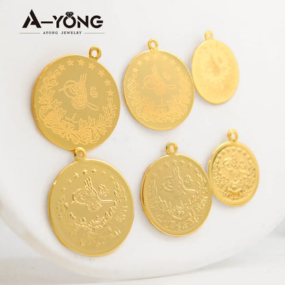 10 Stück vergoldete Münzen Anhänger 21 Karat Gold Farbe Türkische Lira Anpassen Halskette Armband Teile Dubai Islamischer Vintage-Schmuck