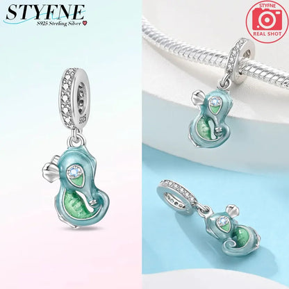 Charms aus 925er-Sterlingsilber, Perlen-Anhänger, Muschel, Delfin, Hippocampus, blauer Charm für Damen, Armband, Schmuck, Geschenk