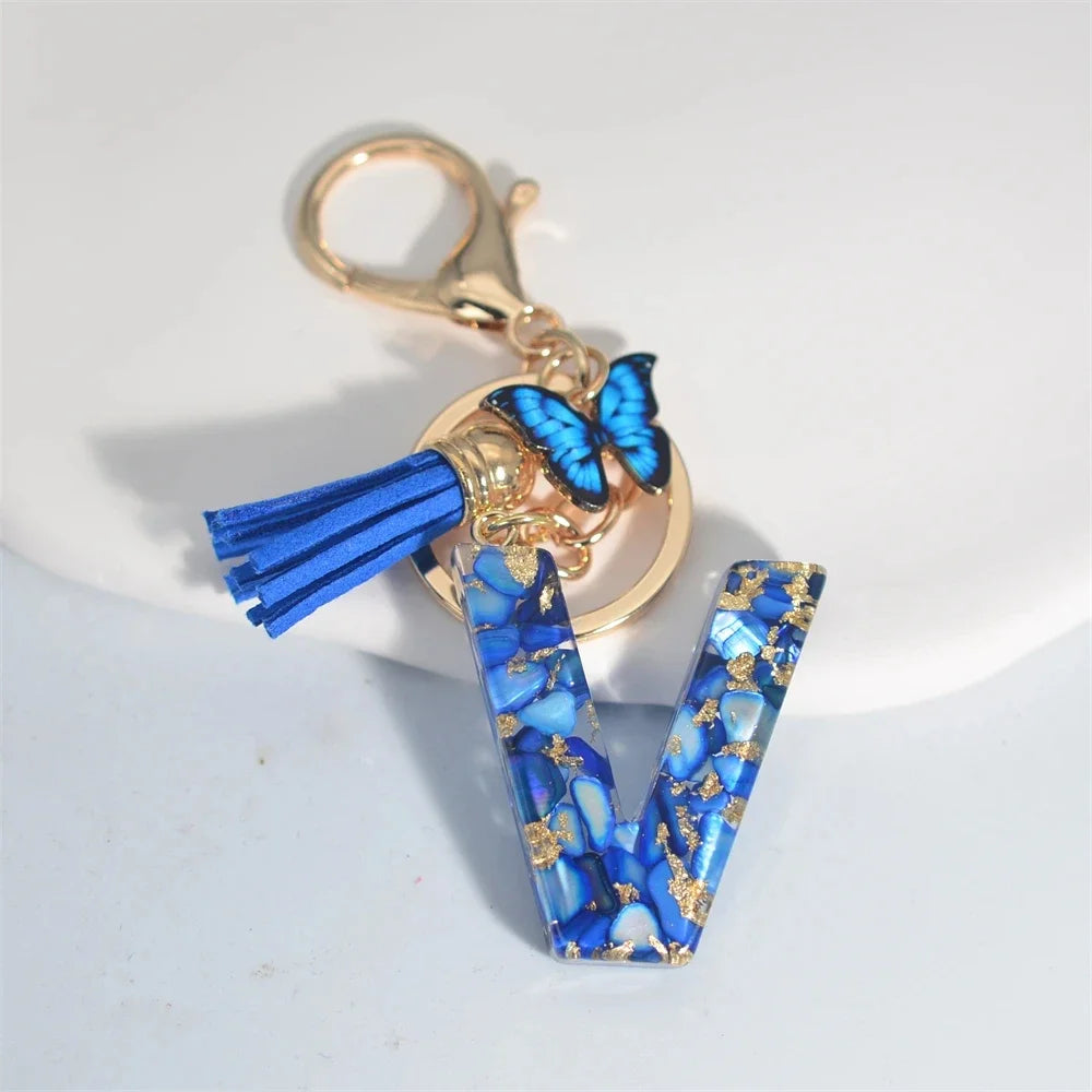 Modischer blauer glasierter Stein, A bis Z, Buchstaben-Schlüsselanhänger, 26 Initialen, Alphabet, Schmetterling, Quaste, Anhänger, Auto-Schlüsselanhänger, Damenschmuck, Geschenke
