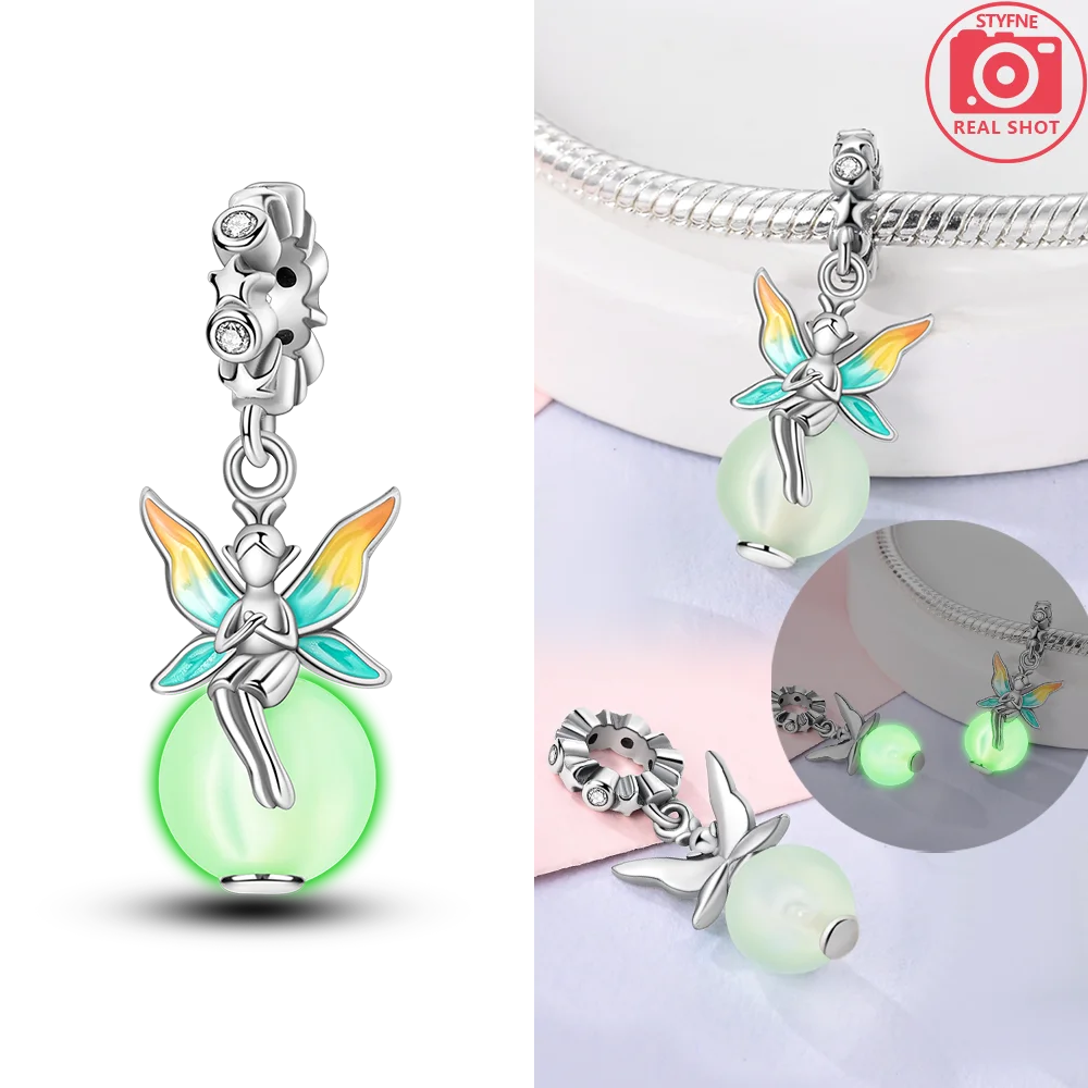 Neue Charms-Perle aus 925er-Sterlingsilber, rosa Schmetterling, leuchtende Glühwürmchen, baumelnd, passend für Armreifen, Halskette, DIY-Schmuck, Frauen-Geschenk