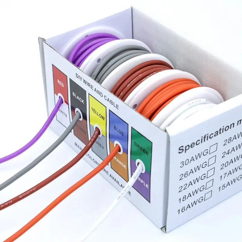 Box-Verpackungsset aus weichem Silikondraht, hitzebeständiges Litzenkabel, 30/28/26/24/22/20/18/17/16 AWG, elektrisches verzinntes Kupfer