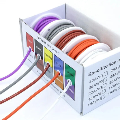 Box-Verpackungsset aus weichem Silikondraht, hitzebeständiges Litzenkabel, 30/28/26/24/22/20/18/17/16 AWG, elektrisches verzinntes Kupfer