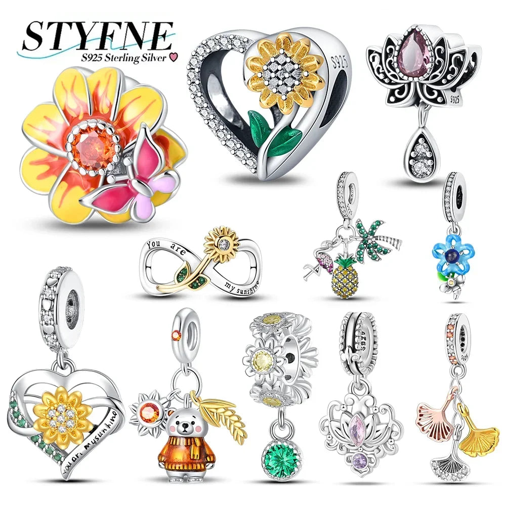 Exquisite Charm-Perlen aus 925er-Sterlingsilber mit Blumenserie, Sonnenblume, Sakura-Chrysanthemen-Anhänger für Damen, Schmuck, modisches Geschenk