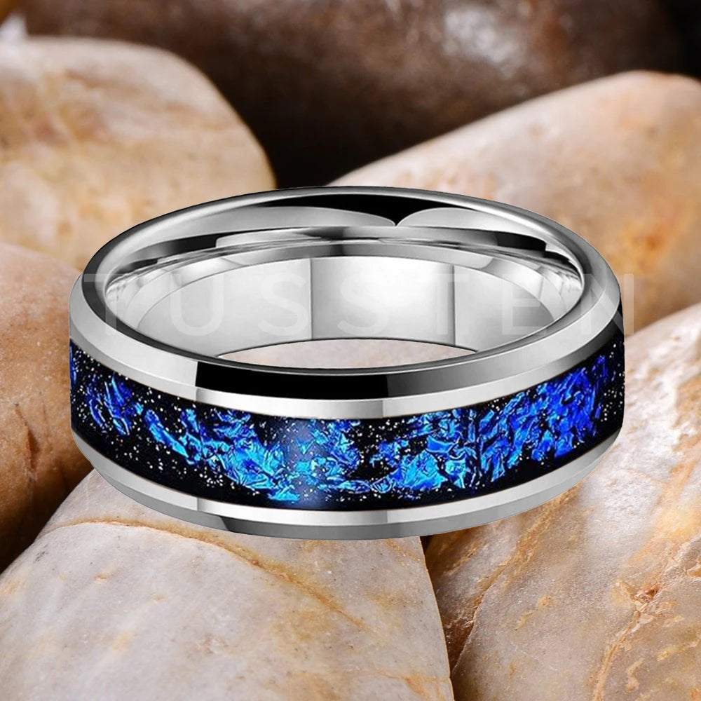 Wolfram 6/8mm Wolfram Ring für Männer Frauen blaue Folie Inlay Verlobung Ehering abgeschrägt poliert glänzend bequeme Passform