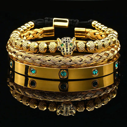 Luxus Schwarz Stein Perlen Leopard Kopf Mann Armband Emaille Edelstahl Römischen Armreifen Frauen Schmuck Set