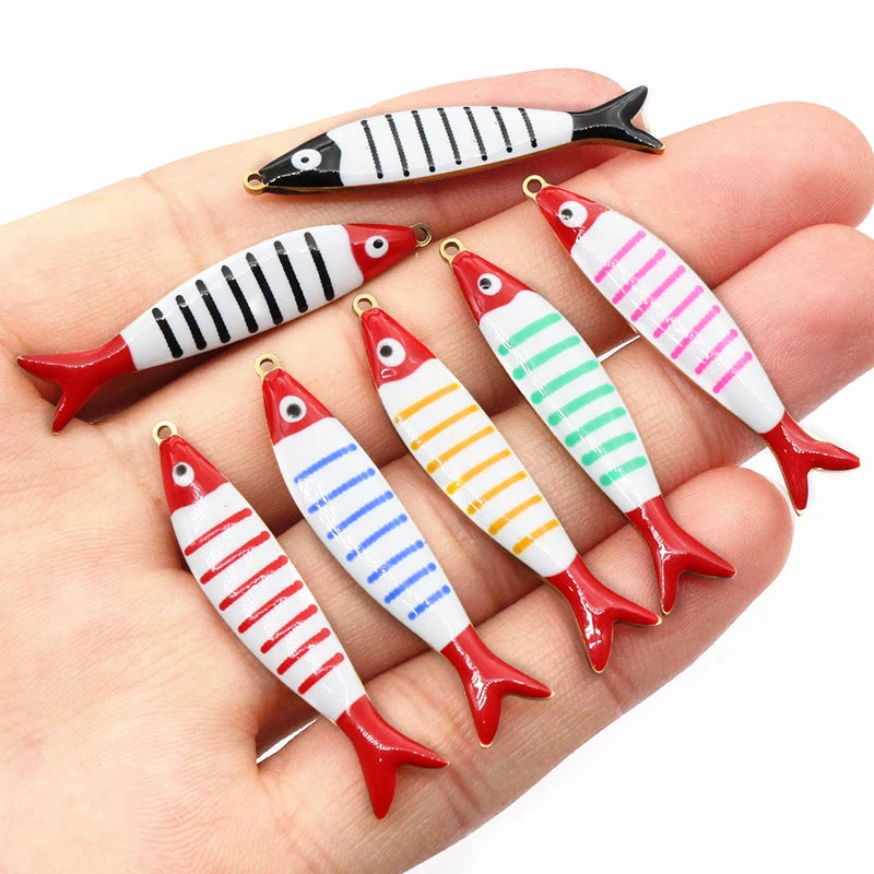 10 Stück 40x8mm Emaille Streifen Fisch Charms Anhänger Edelstahl DIY Schmuck Making Zubehör Erkenntnisse für Halsketten Ohrringe