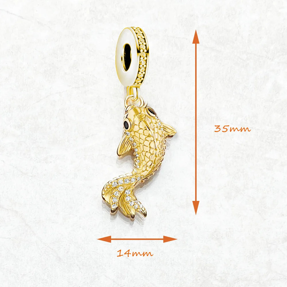 Goldener Koi-Anhänger im europäischen Stil, hochwertiges Sterlingsilber 925, Perlen, Glücksgeschenk für Damen und Herren