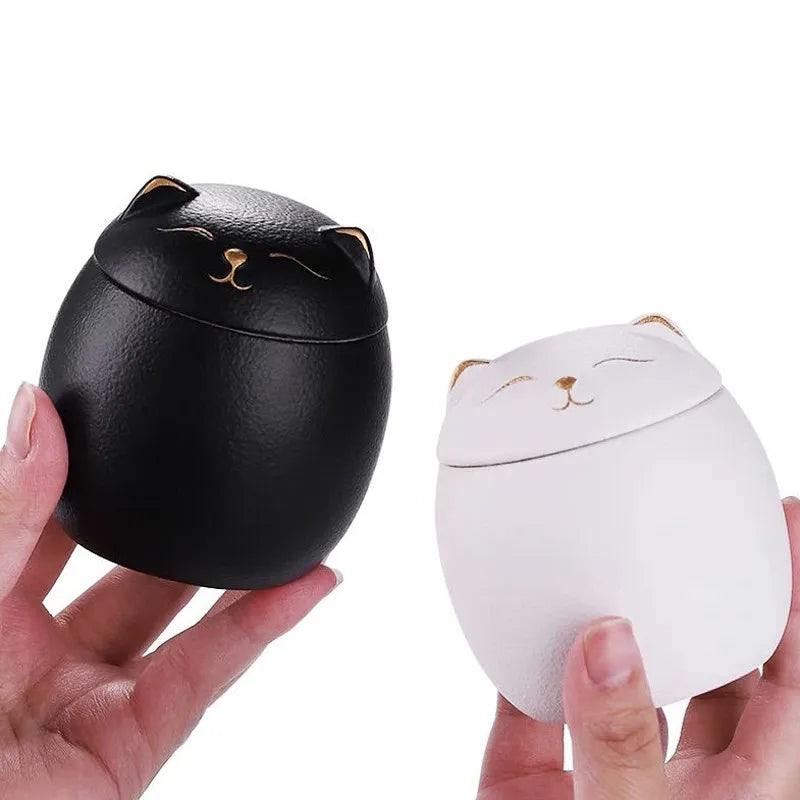 Urn for pet ashes, cat shape memorial cremation urns, hand crafted black, decorative urns for burial dog, ceramic sealed jar