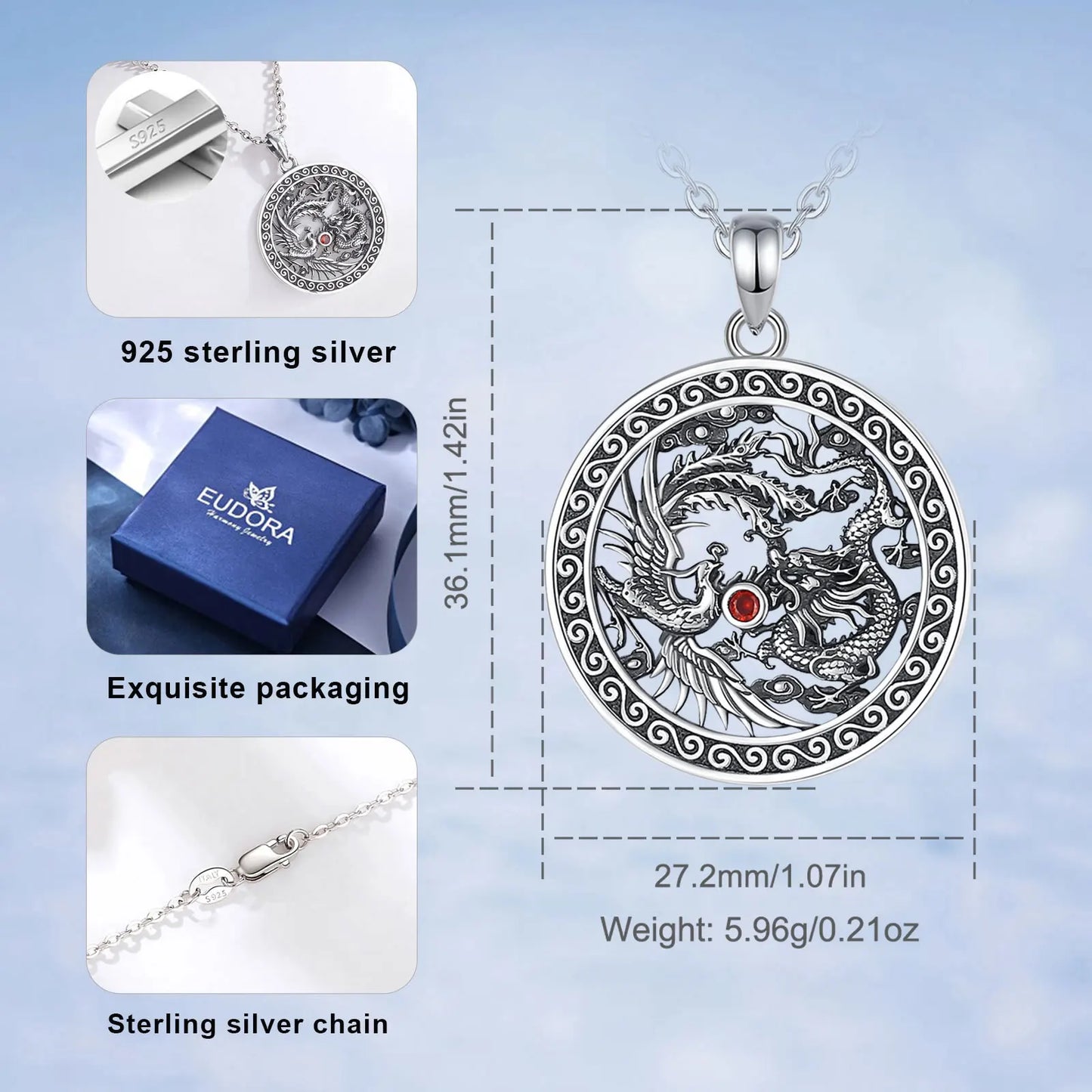 Eudora Halskette aus 925er-Sterlingsilber, Phoenix-Drachen-Halskette für Damen und Herren, Vintage-Stil, roter Zirkon, Sonnenamulett-Anhänger, Persönlichkeitsschmuck, Geschenk