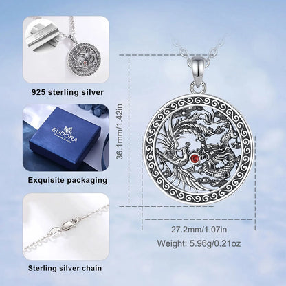 Eudora Halskette aus 925er-Sterlingsilber, Phoenix-Drachen-Halskette für Damen und Herren, Vintage-Stil, roter Zirkon, Sonnenamulett-Anhänger, Persönlichkeitsschmuck, Geschenk