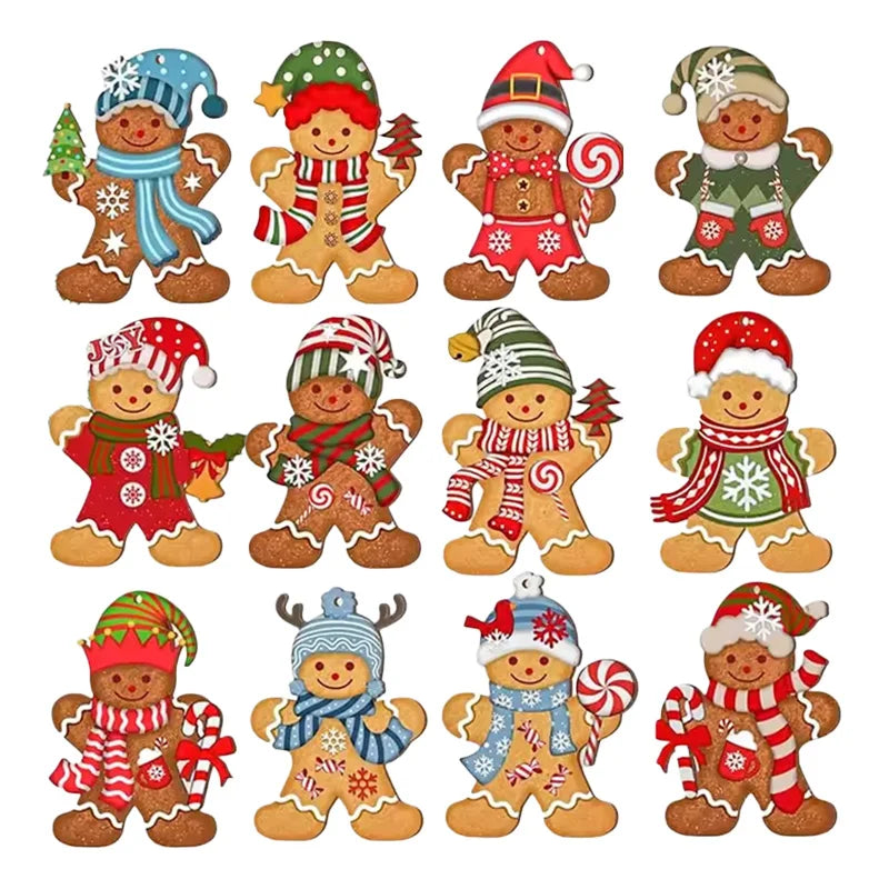 12/24 Stück Lebkuchenmann Holzornamente Weihnachtsbaum hängende Anhänger 2025, Weihnachtsfeier, Heimdekoration, Kinder, DIY-Geschenkanhänger