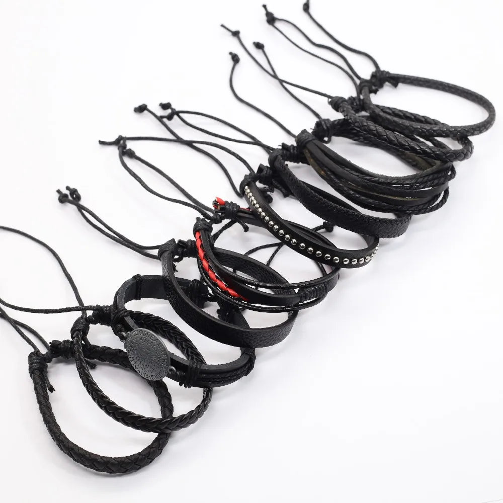 10 Pcs/Set Black Wrap Woven New Fashion Handmade Men Bracelets Male Women Leather Bracelets Men Bangle Wholesale Jewelry Gift