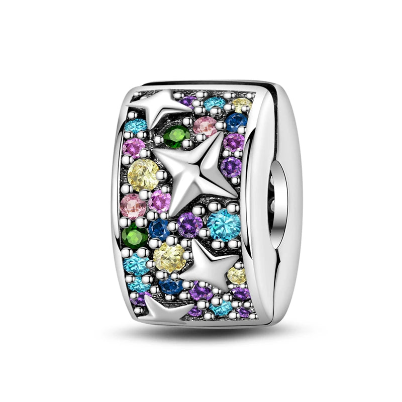 Funkelnde 925er-Sterlingsilber-Charm mit buntem Zirkon, festen Clip-Perlen und Engel-Anhänger, passend für Armbänder und Halsketten, exquisite Geschenke