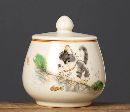 Funeral Ashes Glass Urn for Human Cremation Pet Ashes Holder Ceramic Keepsake Pal Ashes Urns Casket Seal Cute Cat Pattern