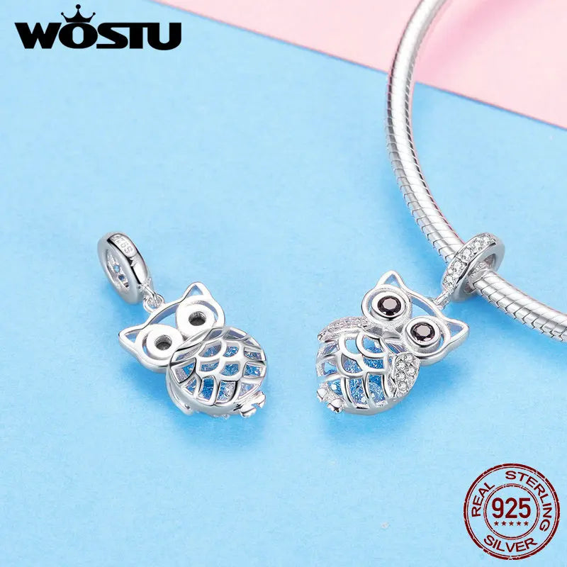 WOSTU Schöne 925 Sterling Silber Tier Eule Charms CZ Bead Fit Original Armband Anhänger Für Frauen Silber 925 Schmuck CQC1124
