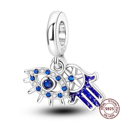 Teufelsaugen-Charm aus 925er Silber, Original-Hand der Fatima, blauer Zirkon, Kreuz, blaue Augen, passend für Armbänder, DIY-Herstellung von Schmuck, Geschenk