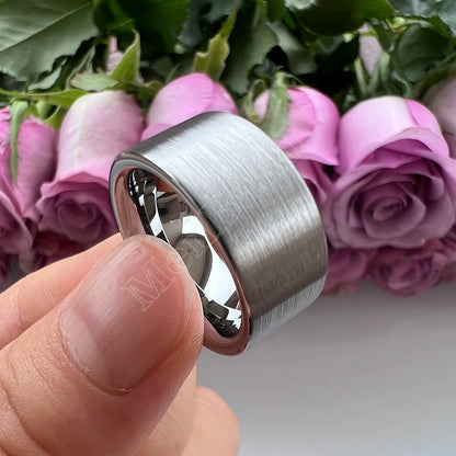 MenBand 10 mm 12 mm großer Herrenring, schwarzer Wolfram-Ehering, flaches Band und gebürstete Oberfläche, bequeme Passform