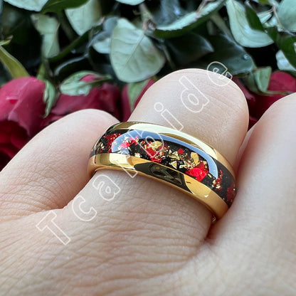Dropshipping 6mm 8mm 18k Gold Farbe Kuppel Ehering Schöner Wolframkarbid Ring mit roter und Goldfolieninlage Comfort Fit