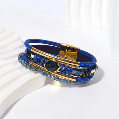 ALLYES Retro Blue Leather Bracelets for Women Men Boho Charm Pearl Crystal Heart Multilayer Wrap Bracelet &amp; Bangle Jewelry Gifts