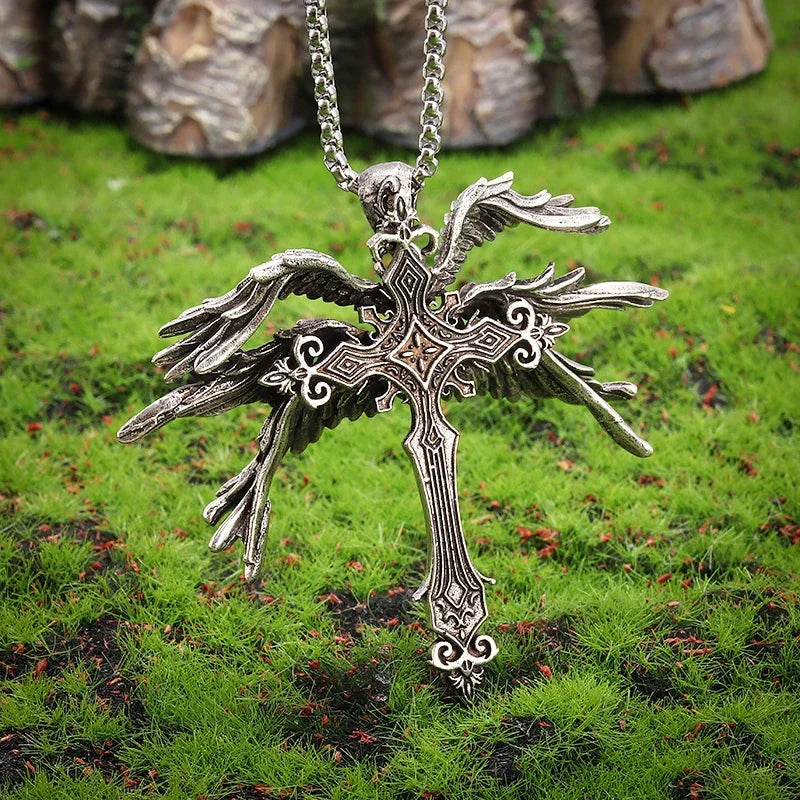 Vintage Gothic Totenkopf Jesus Kreuz Anhänger Halskette Katholischer Schmuck für Männer Punk Religiöse Amulett Halskette