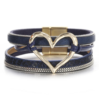ALLYES Retro Blue Leather Bracelets for Women Men Boho Charm Pearl Crystal Heart Multilayer Wrap Bracelet &amp; Bangle Jewelry Gifts