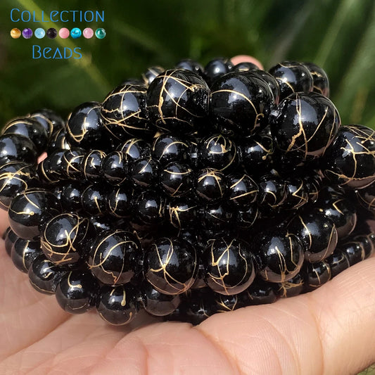 Natürliche Stein Perlen 6 8 10 12mm Schwarz Gold Farbe Linie Achate Runde Perlen Für Schmuck Machen DIY handgemachte Armband Halskette 15''