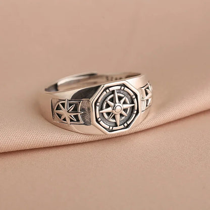 Retro Poseidon Kompass Ring versilbert Hexagramm Öffnung verstellbarer Ring Männer und Frauen Hip-Hop Trend Schmuck Geschenk