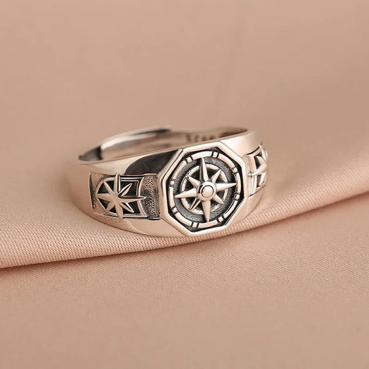 Retro Poseidon Kompass Ring versilbert Hexagramm Öffnung verstellbarer Ring Männer und Frauen Hip-Hop Trend Schmuck Geschenk