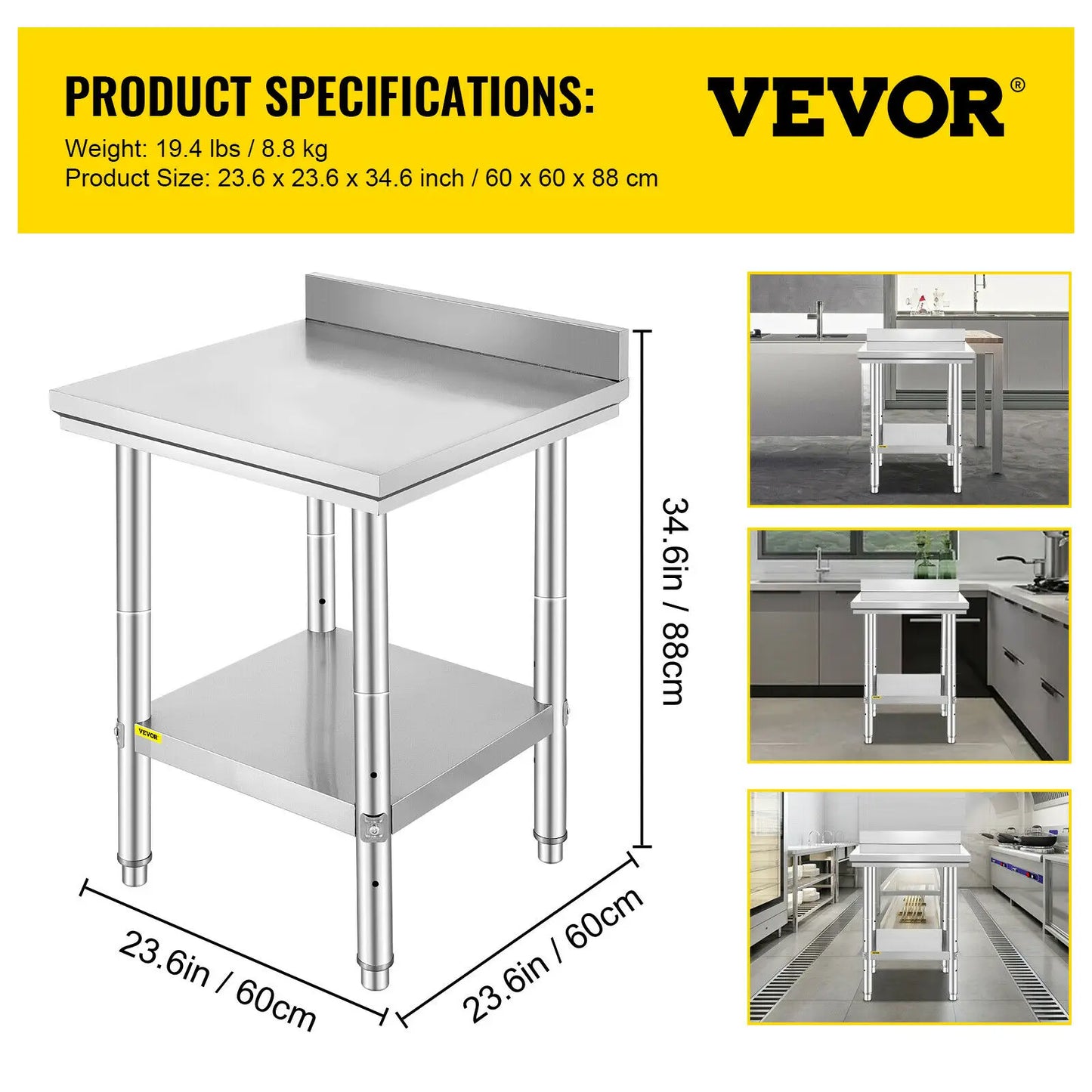 VEVOR Edelstahl Arbeitstisch 60 cm x 60 cm Essenszubereitung mit Aufkantung für die Zubereitung von Mahlzeiten, Nähen, Waschen, Basteln, Garagennutzung usw.