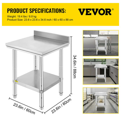 VEVOR Edelstahl Arbeitstisch 60 cm x 60 cm Essenszubereitung mit Aufkantung für die Zubereitung von Mahlzeiten, Nähen, Waschen, Basteln, Garagennutzung usw.
