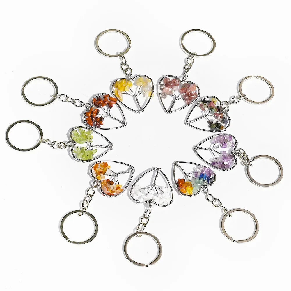 10 stücke Frauen natürlichen Chip Quarz Stein Perle 30mm Herz runden Baum des Lebens Schlüssel anhänger Lanyard Großhandel Schlüssel ringe
