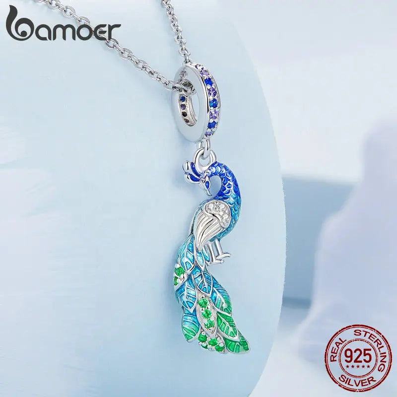 Bamoer 925 Sterling Silber Schrittweise Blau Pfau Hängen Perlen Zarte Tier Anhänger Charms für Frauen Geburtstag Geschenk BSC696