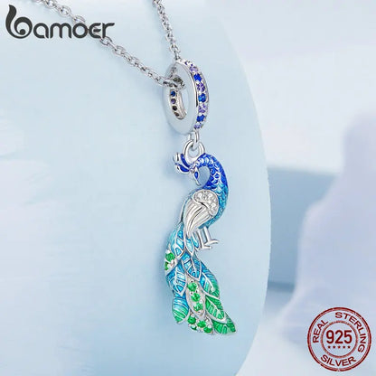Bamoer 925 Sterling Silber Schrittweise Blau Pfau Hängen Perlen Zarte Tier Anhänger Charms für Frauen Geburtstag Geschenk BSC696