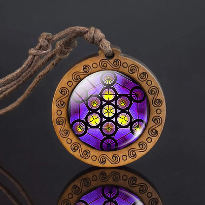 Mandala glass necklace, retro art, wooden pendant, Buddhist sacred geometry, jewelry, spiritual yoga gift