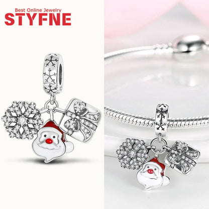S925 Silber Weihnachten Schneeflocke Charms Herzförmige Glänzende Zirkon Perle Fit Original Armband Diy Edlen Schmuck Weihnachten Geschenk