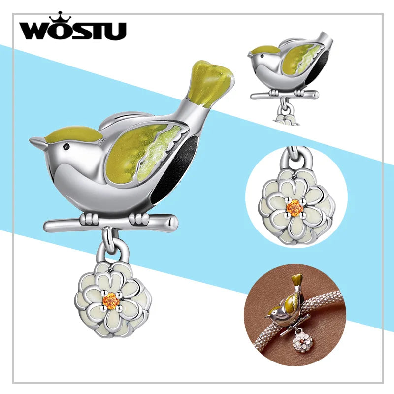 WOSTU Mode Frühjahr Serie Charms Perlen Echt 925 Sterling Silber Blume Vogel Pendent Fit Original-DIY Armband Halskette Schmuck